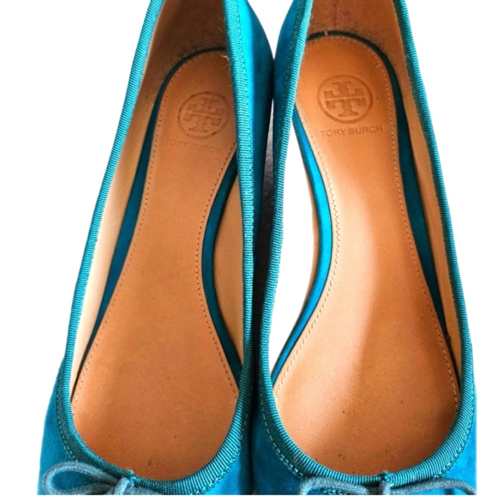 EUC Tory Burch Peacock Teal Suede Wedges in Excellent Used Condition Size 8 - Picture 7 of 8
